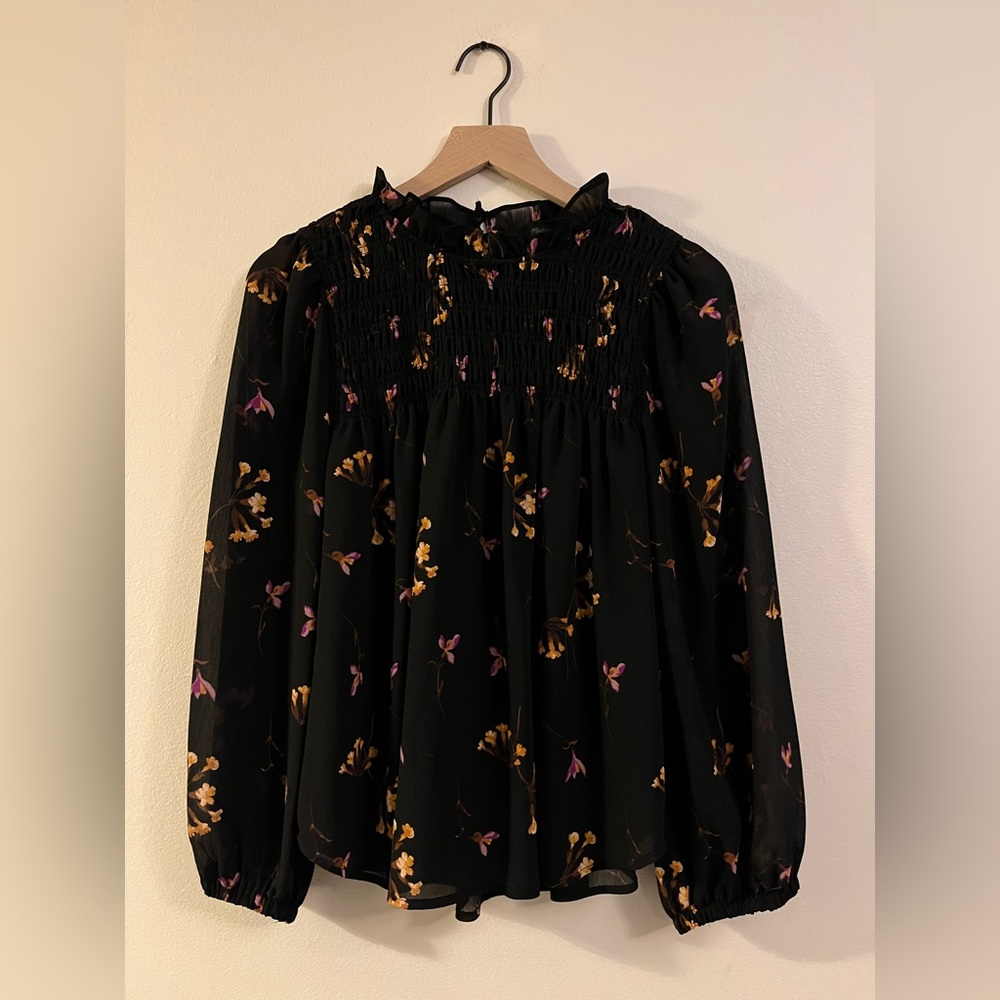 Madewell Lightweight Black Floral Long Sleeve Blouse - women’s size medium